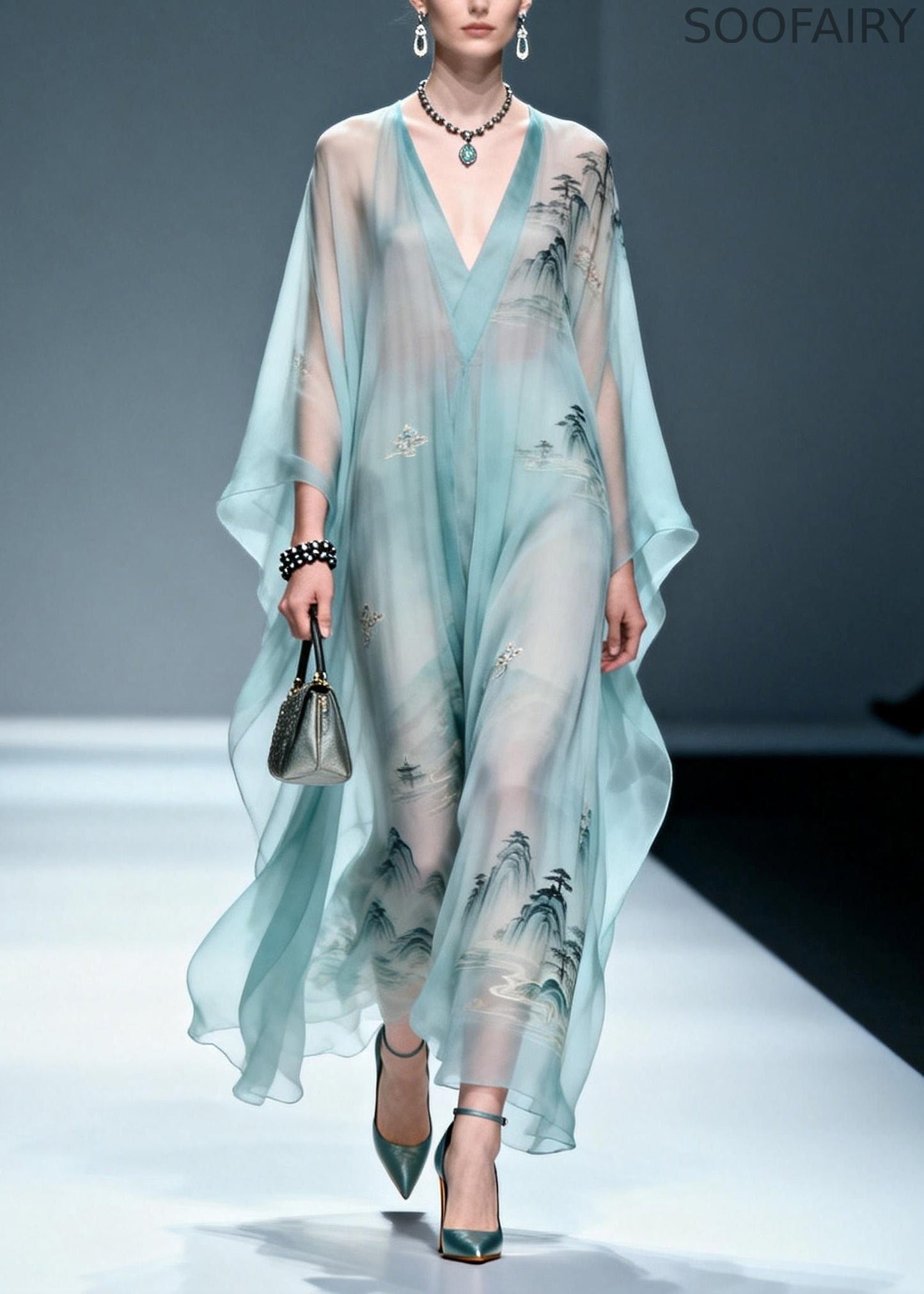 Blue V Neck Print Chiffon Long Dress Spring