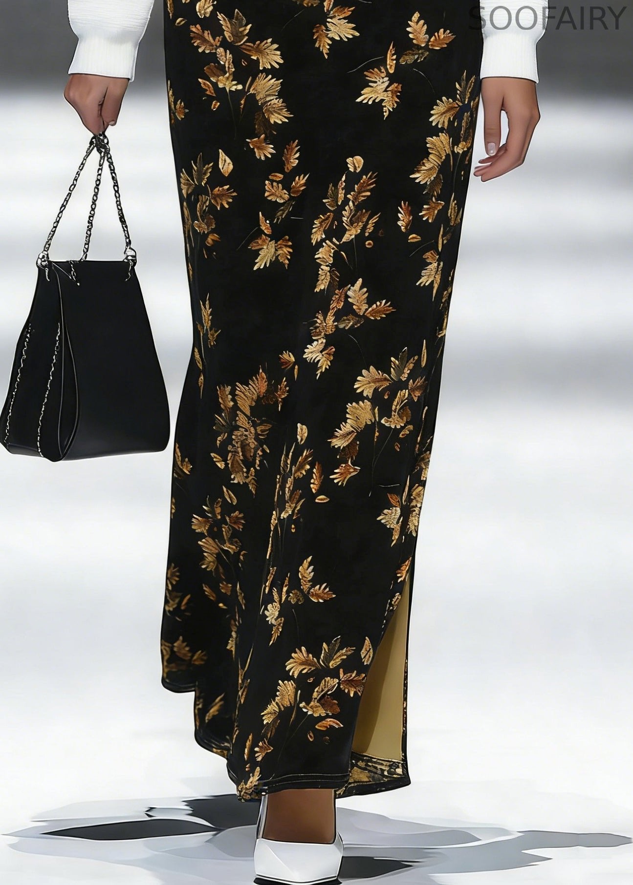 Loose Black Print Side Open Silk Velvet Skirt Spring