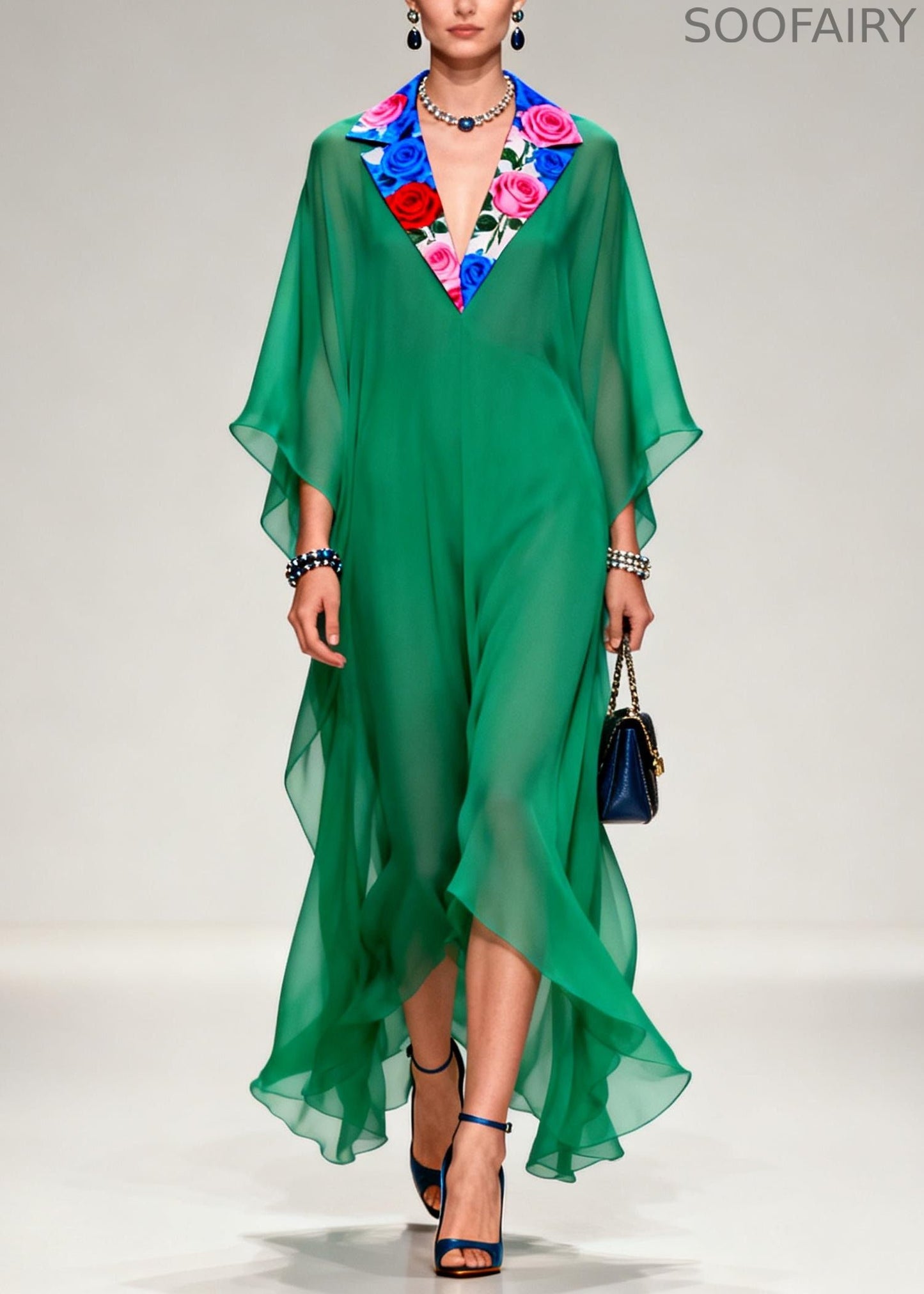 French Tea Green Notched Patchwork Chiffon Long Dresses Summer
