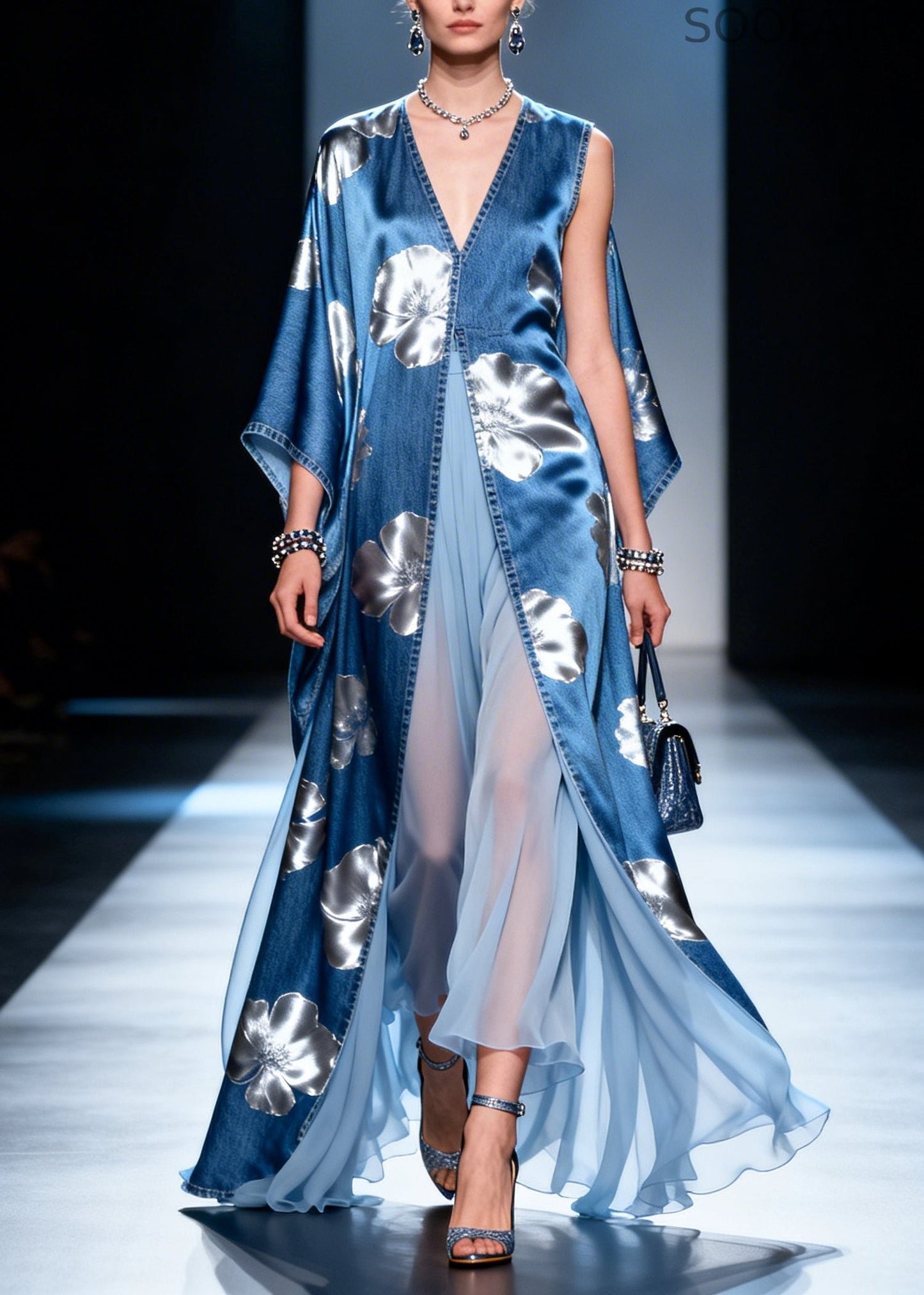 Denim Blue Patchwork Chiffon Dresses Asymmetrical Side Open Summer
