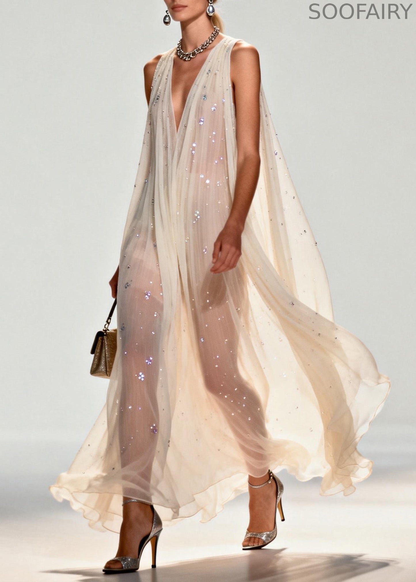 New Style V Neck Zircon Chiffon Maxi Dress Sleeveless