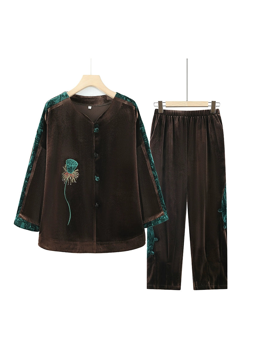 Coffee Embroidered Patchwork Velvet Two Pieces Set Fall