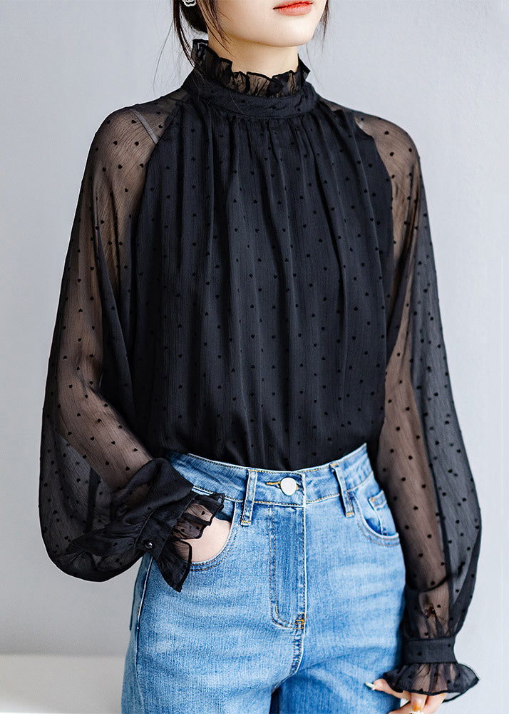 Black Ruffled Dot Thin Chiffon Shirts Fall
