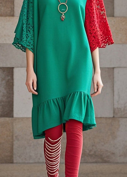 Green Ruffles Patchwork Lace Dresses Fall