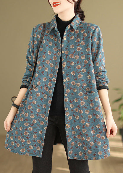 Purple Peter Pan Collar Pockets Print Warm Fleece Coat Winter