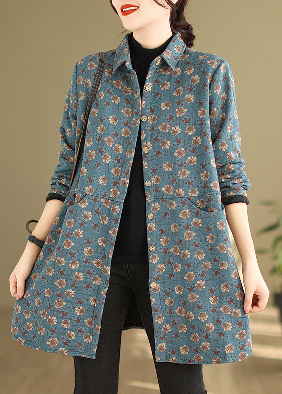 Purple Peter Pan Collar Pockets Print Warm Fleece Coat Winter