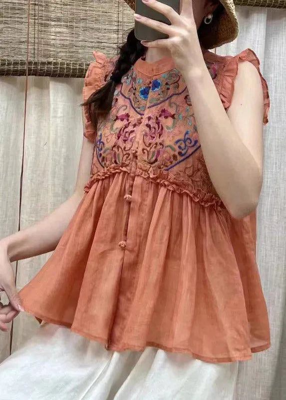 Simple Blue Embroideried Ruffles Button Linen Top Short Sleeve