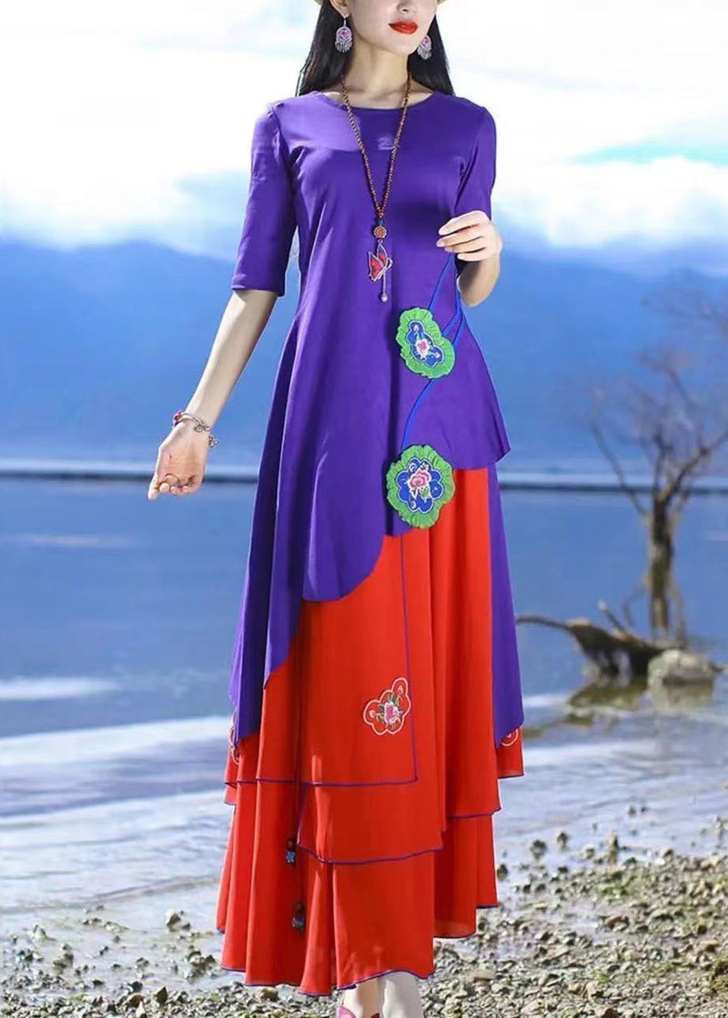 Purple O-neck Asymmetrical Cotton T Shirts Half Sleeve