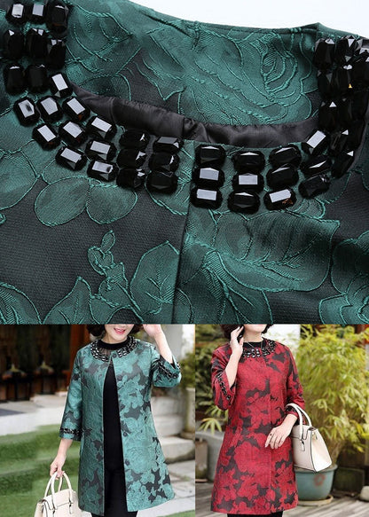Green O-neck Jacquard Spandex Long Coats Bracelet Sleeve