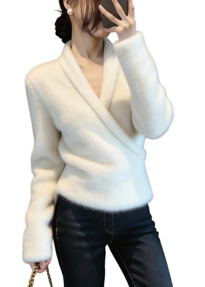 Handmade White Asymmetrical Mink Hair Knitted Sweater Tops Winter
