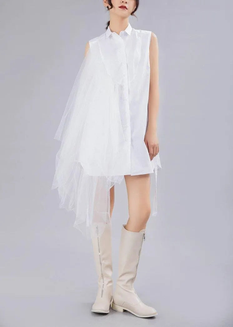 Style White Patchwork Lace Asymmetrical Design Cotton Shirt