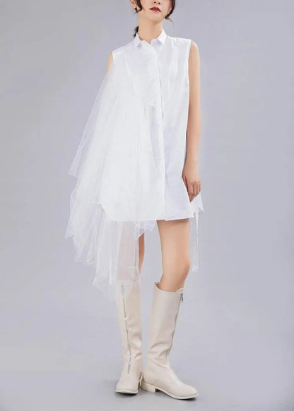 Style White Patchwork Lace Asymmetrical Design Cotton Shirt