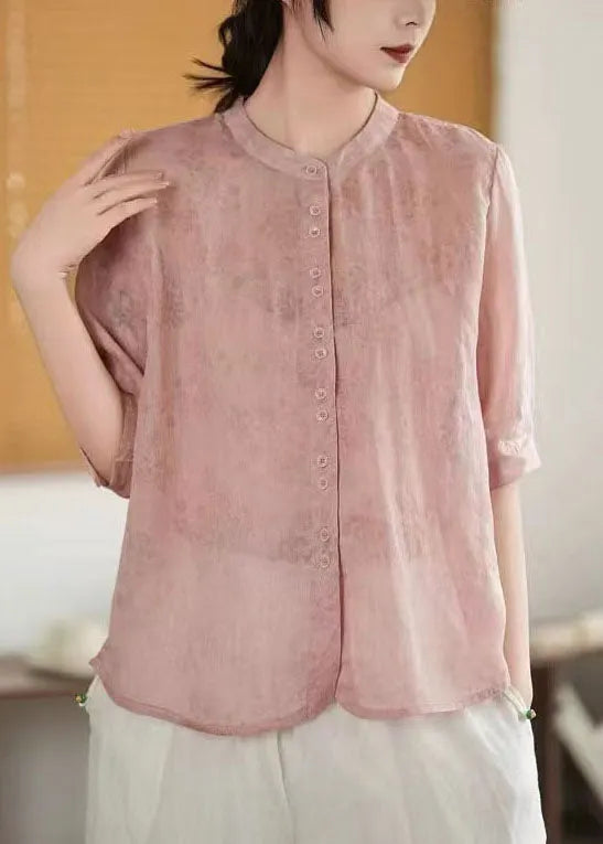 Art Green Single Breasted Print Linen Shirt Half Sleeve