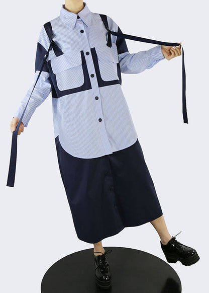 Handmade Blue Pockets Peter Pan Collar Striped Patchwork Shirt Dresses Spring