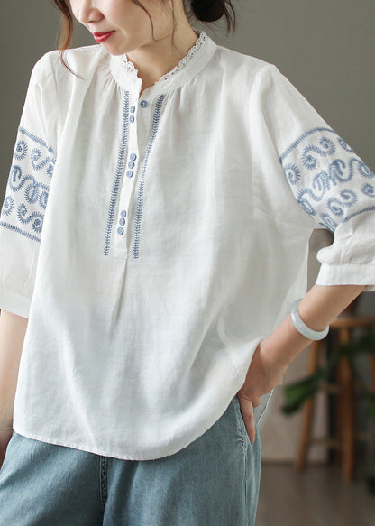 Diy Yellow Stand Collar Embroidered Linen Blouse Top Summer