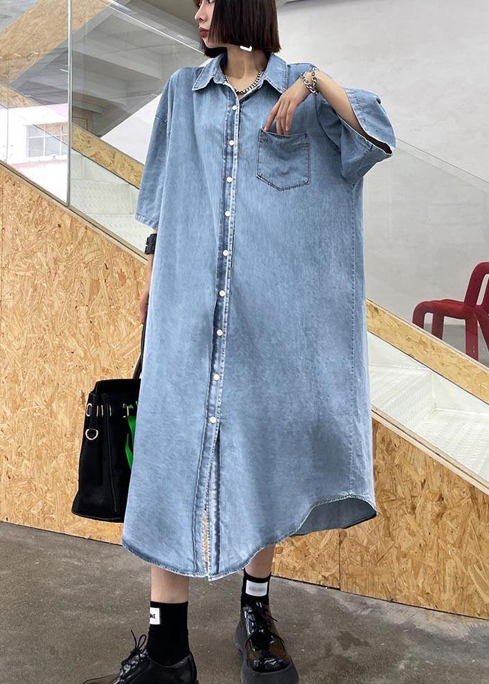 Diy Blue Hollow Out Cotton Pockets Button Summer Maxi Dresses