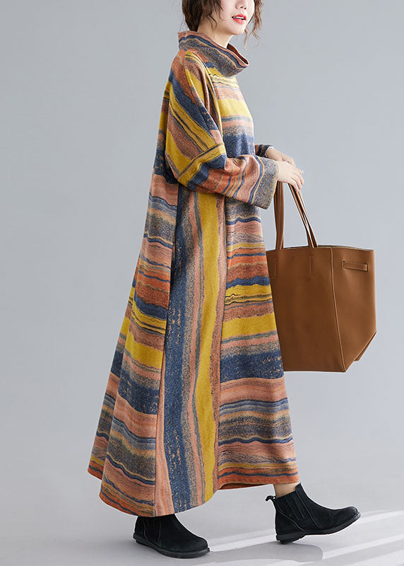 Green Turtle Neck Patchwork Striped Cotton Ankle Dress Spring