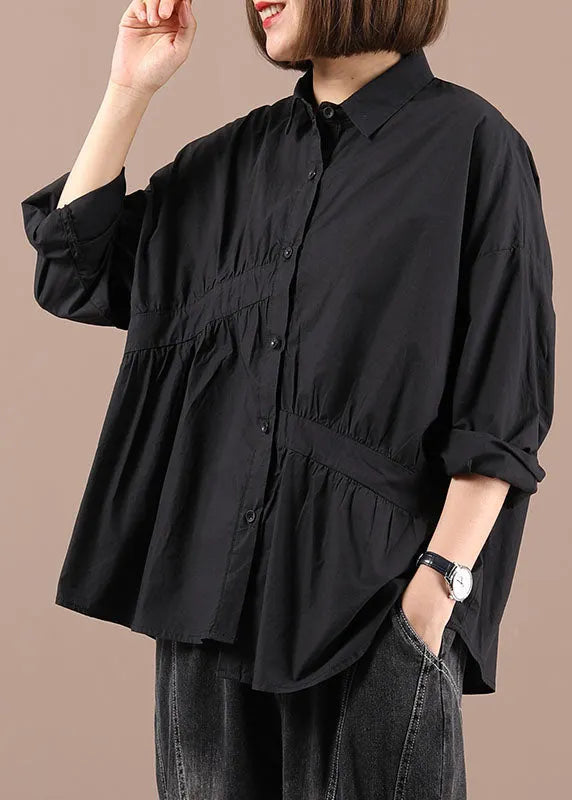 Italian Black Peterpan Collar Wrinkled Button Fall Shirt Long Sleeve