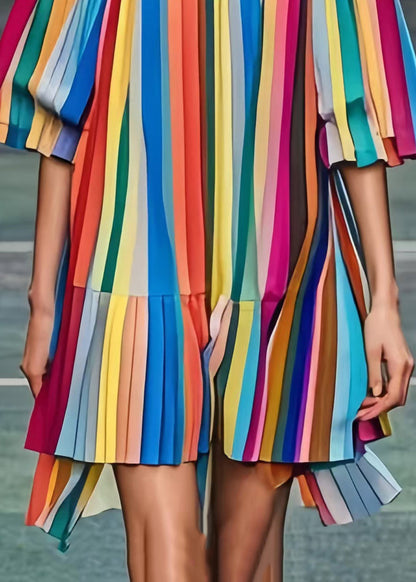 Rainbow Square Colla Striped Chiffon Tea Dress Summer