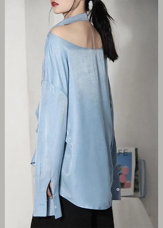Art Blue Asymmetrical Design Backless Long Sleeve Summer Shirt