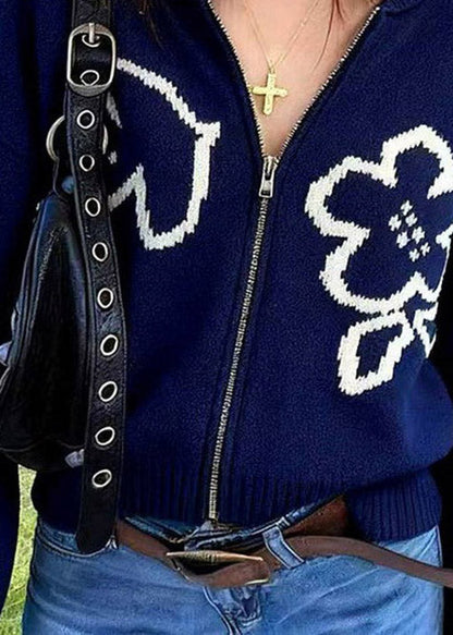 Navy Zip Up Knit Loose Coat Spring