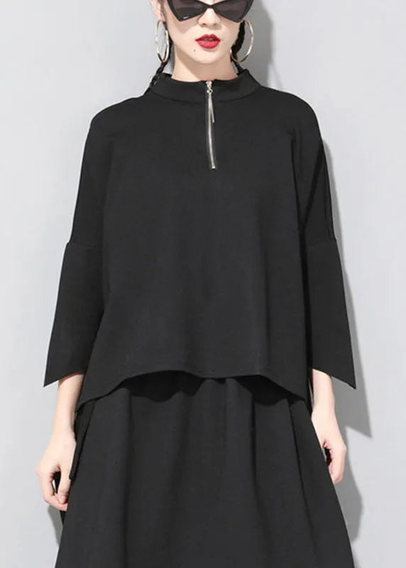 Loose Black Stand Collar Patchwork Zippered Fall Three Quarter Sleeve Top