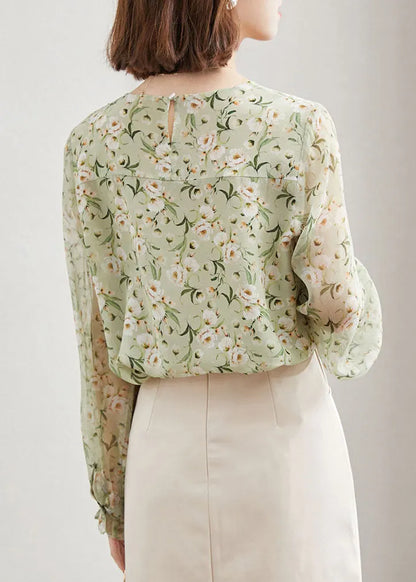 Unique Green O-neck Button Ruffled Print Chiffon Tops Spring