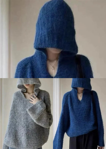 Stylish Blue Hooded Oversized Knit Pullover Spring