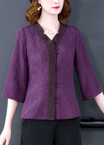 Purple V Neck Jacquard Patchwork Silk Shirts Bracelet Sleeve