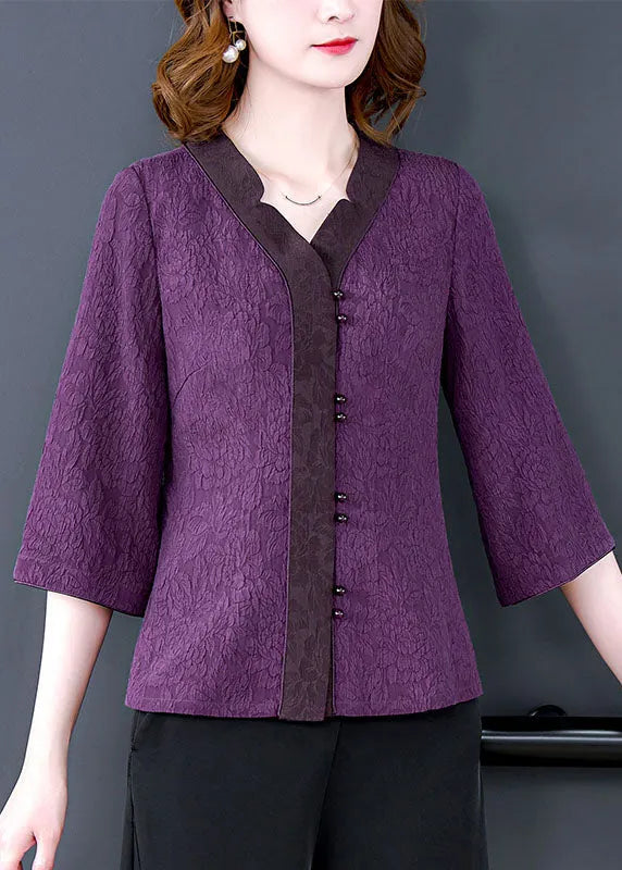 Purple V Neck Jacquard Patchwork Silk Shirts Bracelet Sleeve