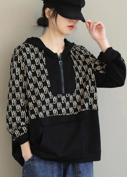 Black Print Tunics for Hooded Pockets Spring Tops