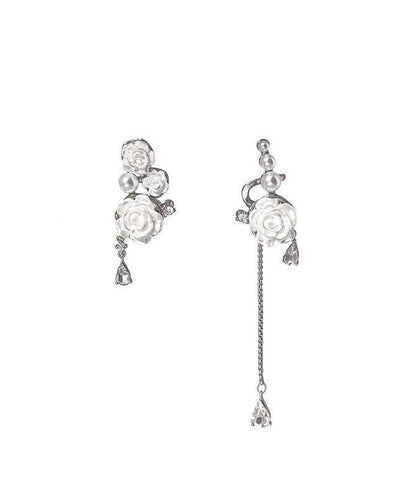 White Sterling Silver Asymmetrical Rose Tassel Drop Earrings
