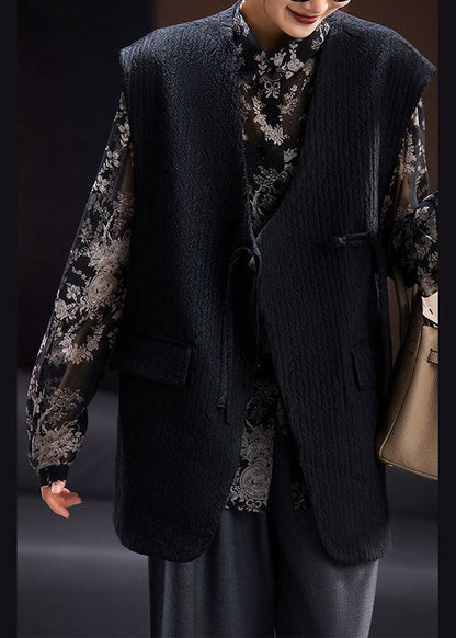 Black V Neck Chinese Button Cotton Waistcoat Sleeveless