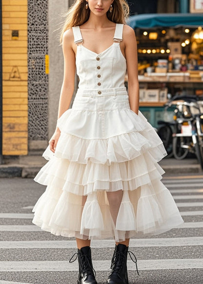 White Layered Tulle Patchwork Denim Dress Summer (ships in 15 Days)