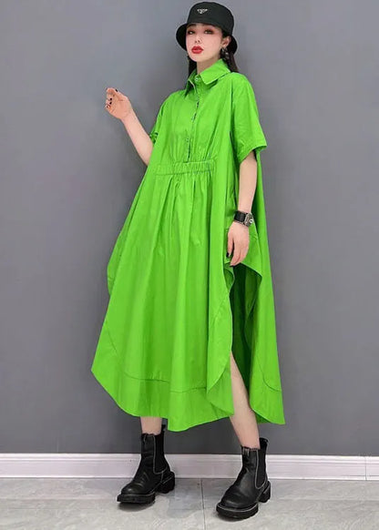 Green Asymmetrical Design Cotton Long Blouse Tops Short Sleeve