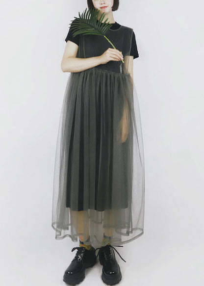 Modern Color Grey O-neck Patchwork Tulle Dress Long Smock Sleeveless Summer