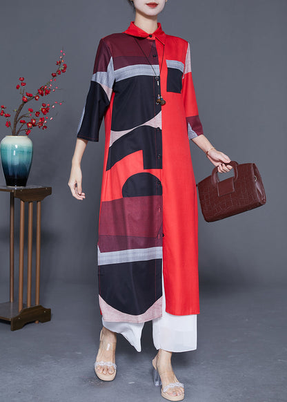 Red Asymmetrical Print Silk Maxi Dress Summer