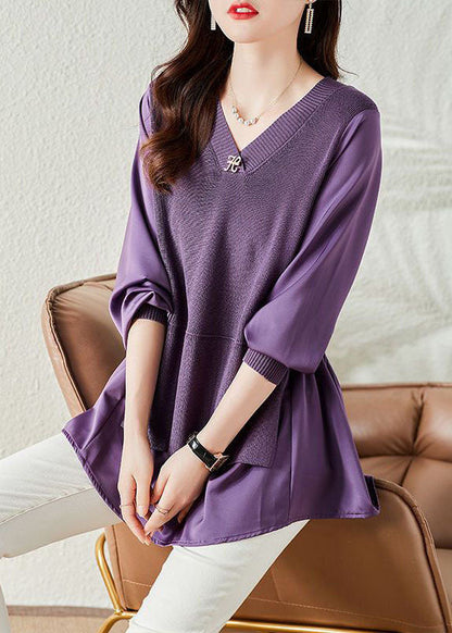 Purple V Neck Patchwork Knit Fake Two Piece Top Long Sleeve