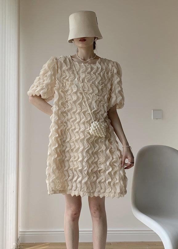 Apricot Patchwork Tulle Mid Dress Ruffled O-neck Puff Sleeve Summer