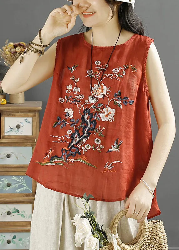 Handmade White O-neck Bird Embroideried Linen Tank Sleeveless