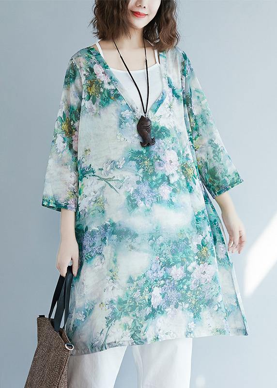 Loose V Neck Pockets Christmas Gifts Beige Print Shirts