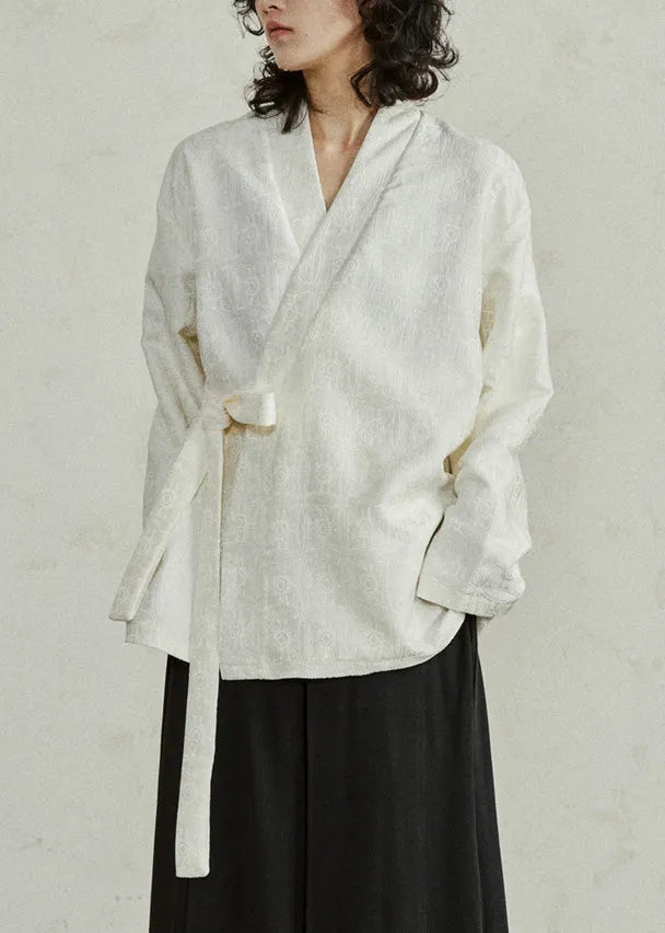 Jacquard Beige V Neck Top Long Sleeve