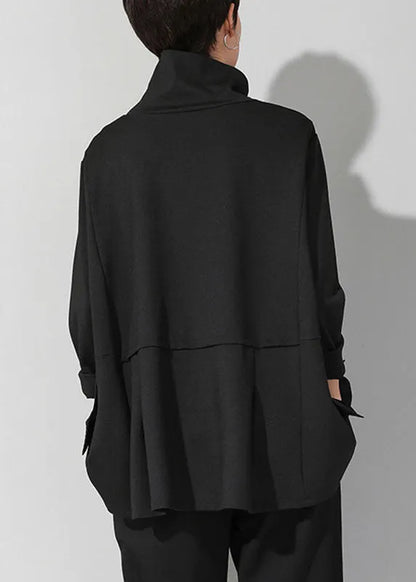 Handmade Black Turtleneck Patchwork Pockets Tie Waist Fall Top Long Sleeve