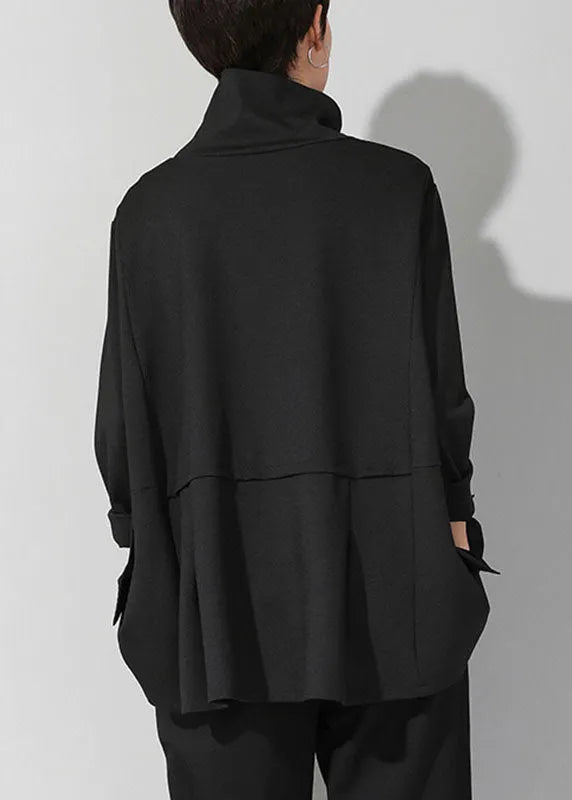 Handmade Black Turtleneck Patchwork Pockets Tie Waist Fall Top Long Sleeve