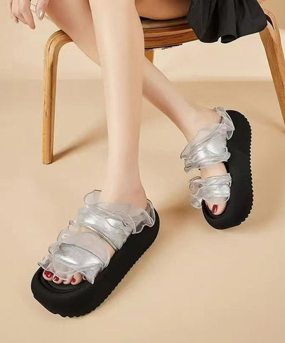 Black Platform Tulle Ruffled Splicing Slide Sandals