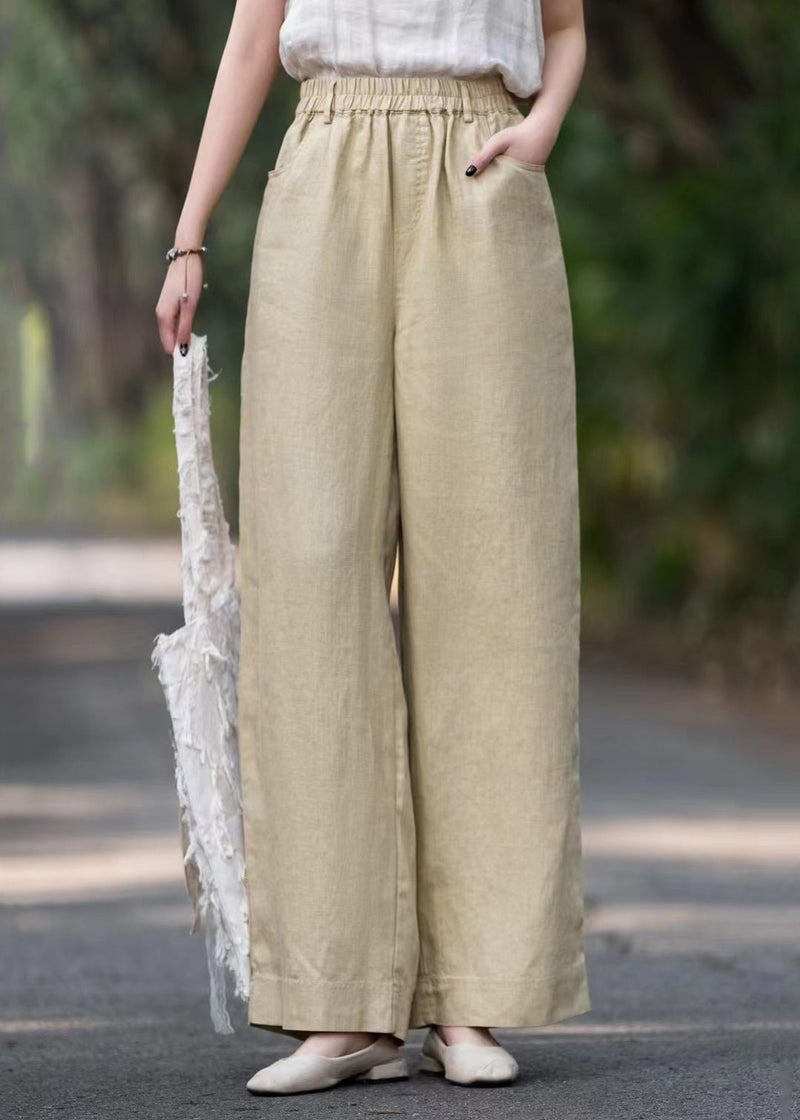 French White Elastic Waist Loose Linen Wide Leg Pants
