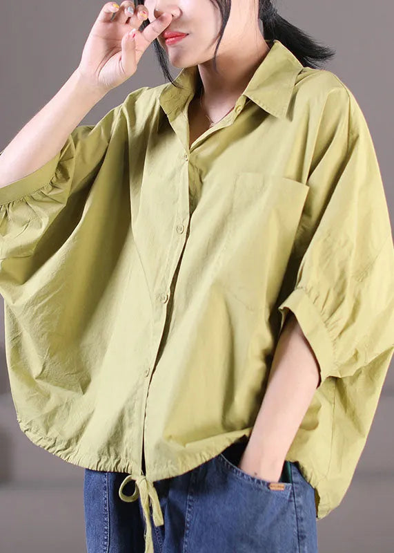 Yellow Peter Pan Collar Drawstring Pocket Cotton Shirt Top Short Sleeve