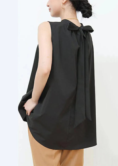 Black Wrinkled Patchwork Bow Cotton Blouses Sleeveless