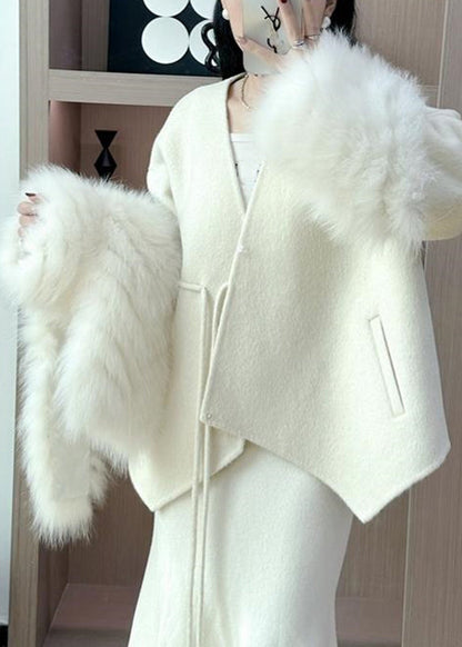 Caramel Fox Collar Patchwork Tie Waist Woolen Coats Fall