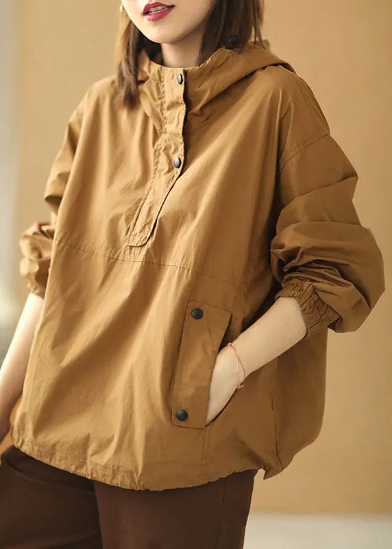 Khaki Hooded Button Pockets Fall Shirt Long Sleeve